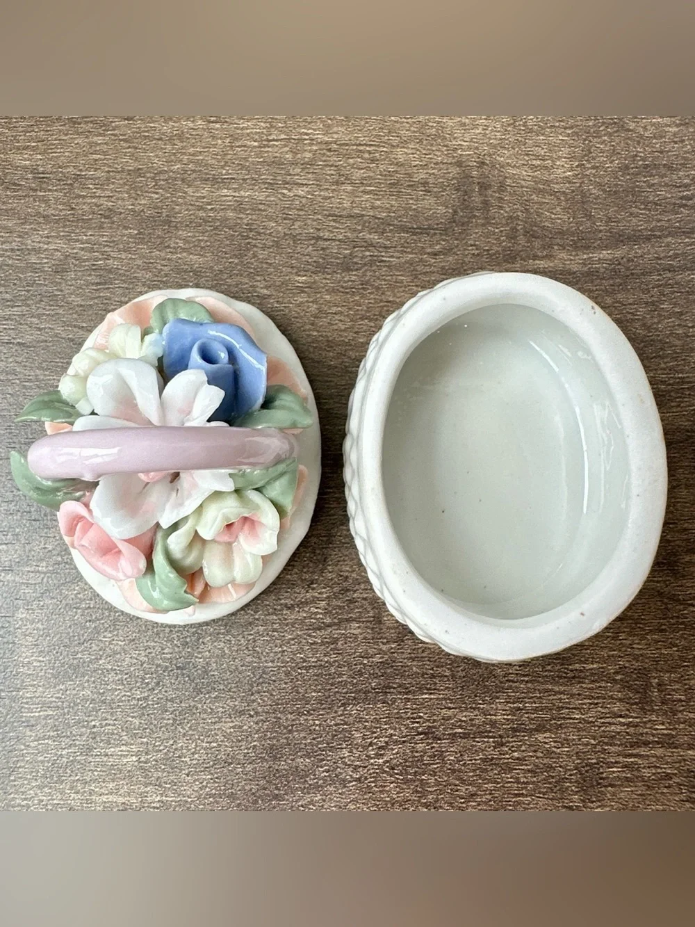 Vintage Capodimonte Style Porcelain Floral Basket Trinket Box - Tiny Chip